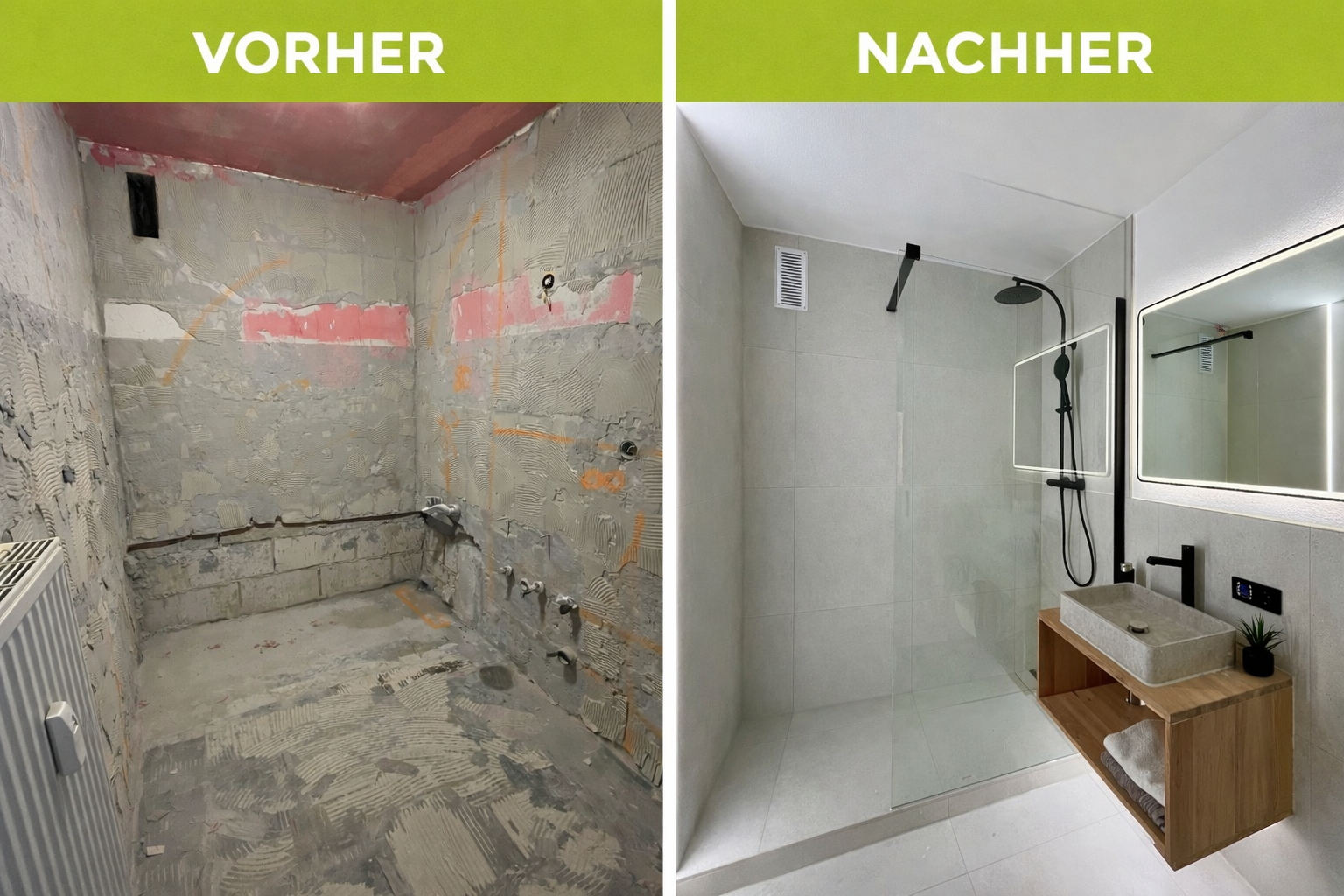 Badsanierung vorher/nachher - Großes Bad mit begehbarer Dusche